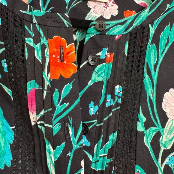 Kate Spade Black Floral Colorful Hummingbird Jardin Poplin Top XL - Picture 5 of 9